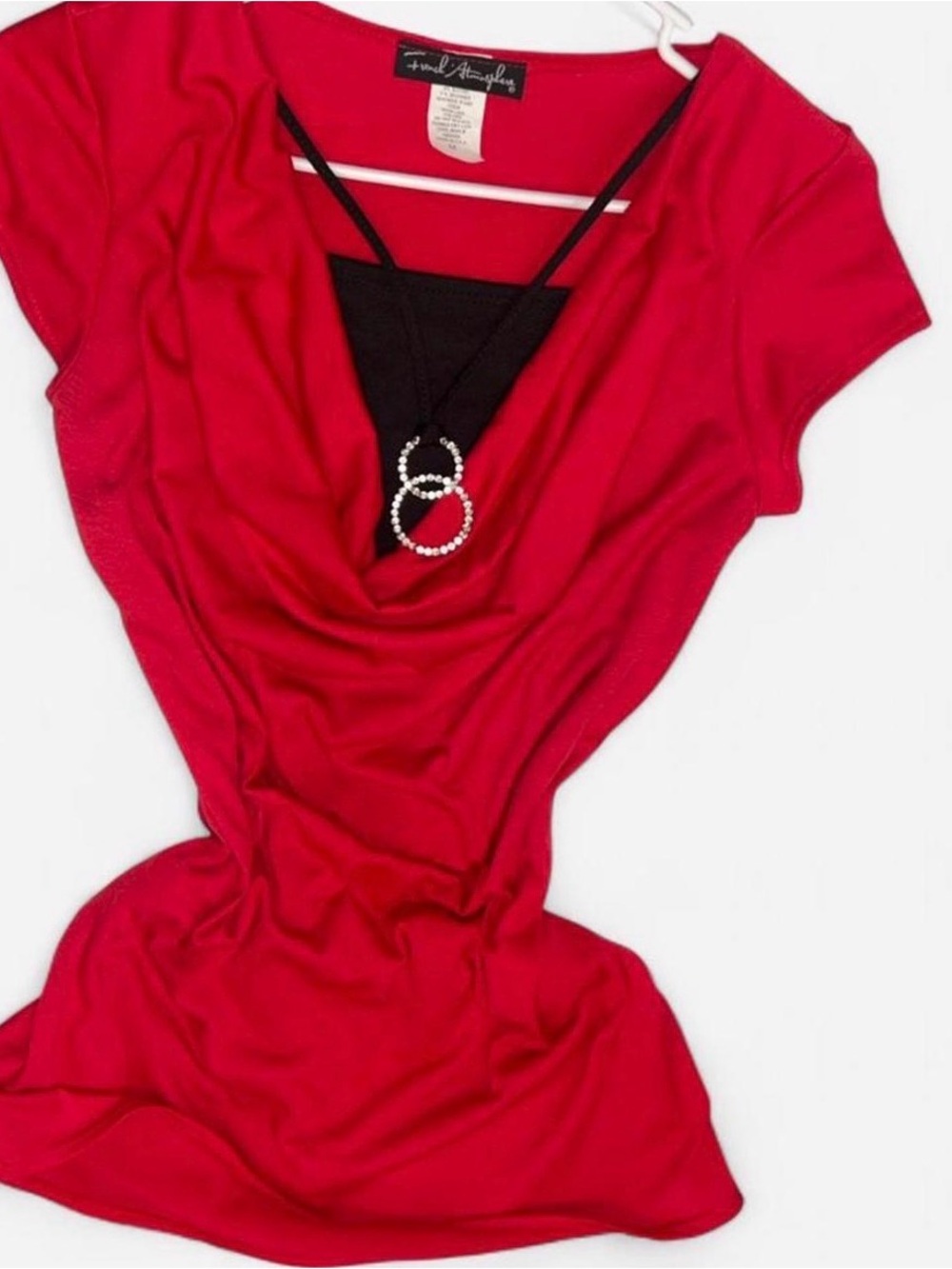 French Atmosphere Y2K red draped top with black inset and pendant